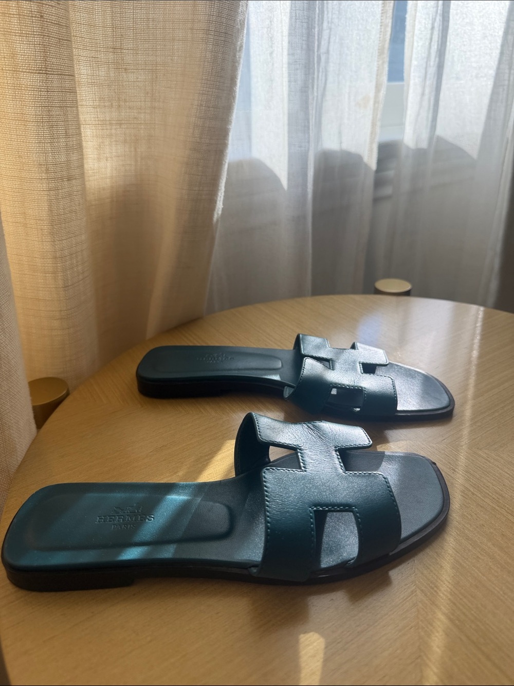 Hermes Oran Leather Slide Sandals Bleu Velvet color - Picture 2 of 7